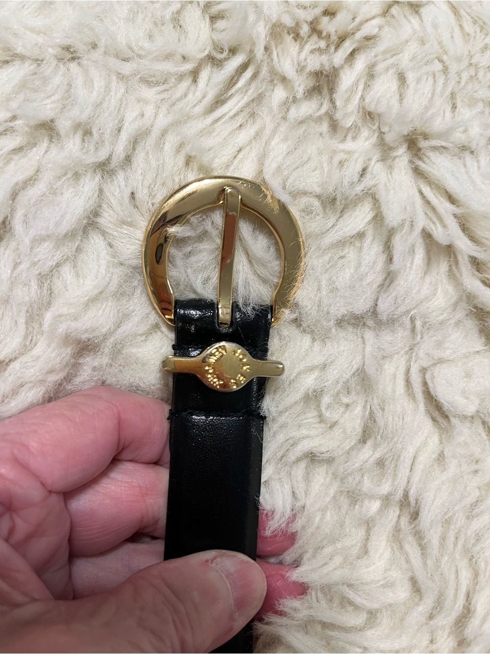 Jones New York Black Leather Belt with Gold Round Buckle